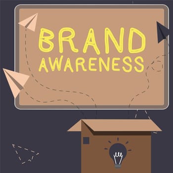 Hand writing sign Brand Awareness, Business approach name identifies one seller good as distinct from those of other seller