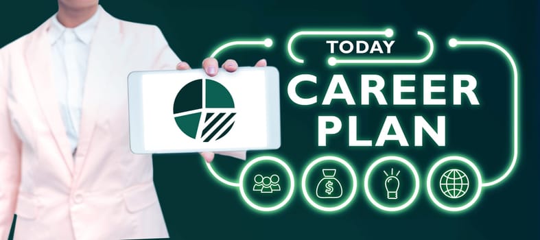 Hand writing sign Career Plan, Concept meaning ongoing process where you Explore your interests and abilities