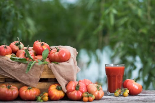 Fresh tomato juice, on a wooden background