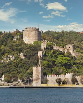 View of ruins of Rumelihisari, Bogazkesen Castle, or Rumelian Castle, in a sunny day, located at the hills of the European side of Bosphorus Strait, Istanbul, Turkey, built by Ottoman Sultan Mehmet II