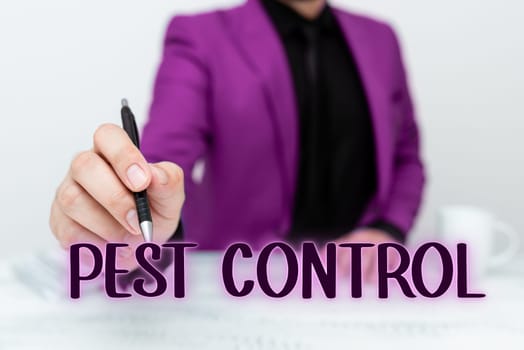 Sign displaying Pest Control, Word Written on Killing destructive insects that attacks crops and livestock