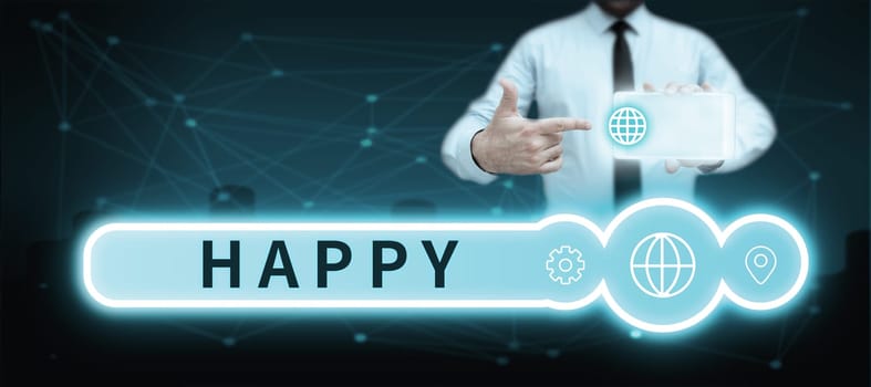 Writing displaying text Happy, Business overview Feeling or showing pleasure contentment about something person