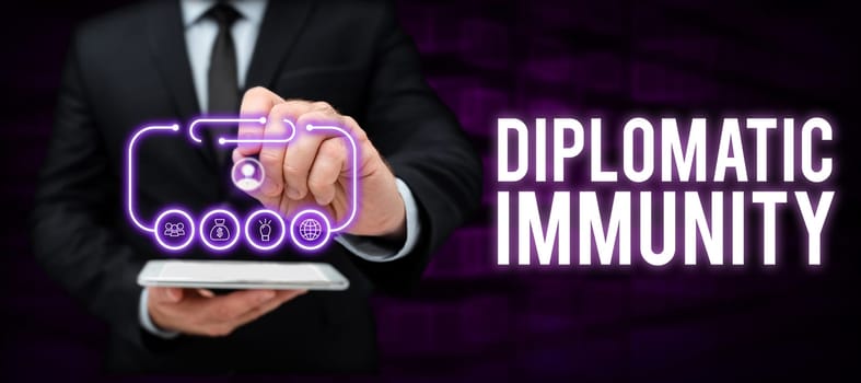 Conceptual display Diplomatic Immunity, Concept meaning law that gives foreign diplomats special rights in the country they are working