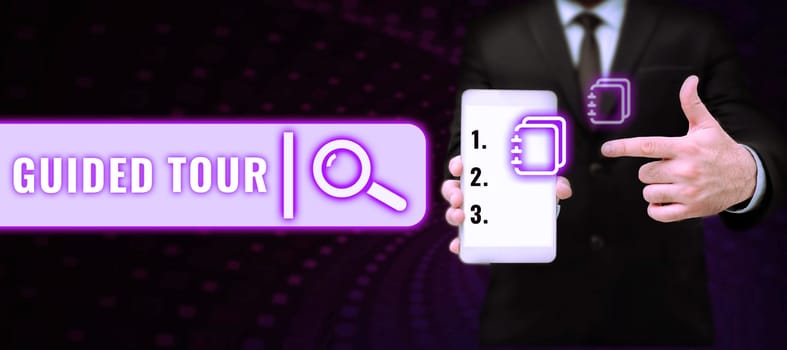 Text showing inspiration Guided Tour, Business approach advice or information aimed at resolving problem or difficulty