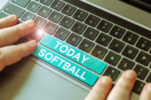 Text sign showing Softball, Business concept a sport similar to baseball played with a ball and bat