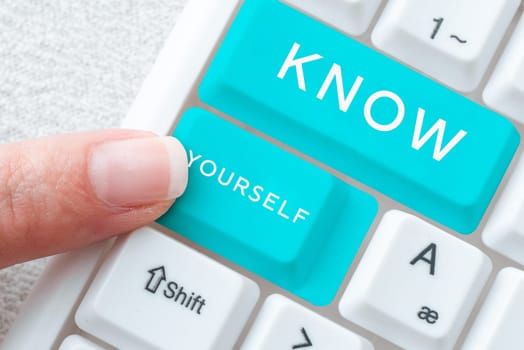 Text showing inspiration Know Yourself, Business overview Find You Understanding Strength and Weaknesses Identity