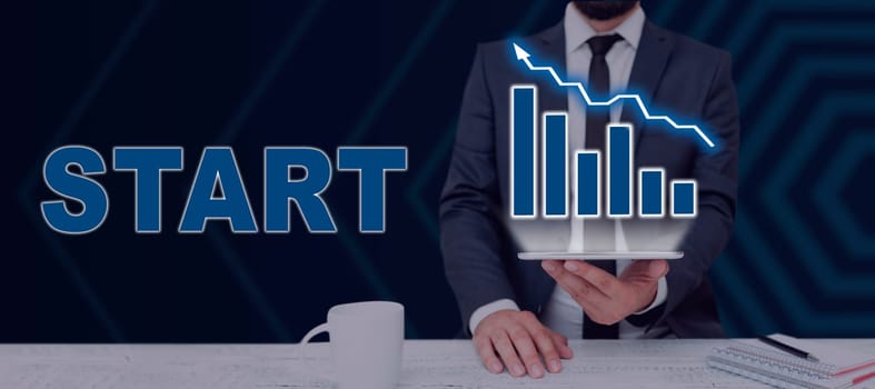 Writing displaying text Start, Business overview begin or be reckoned from particular point in time space Launch