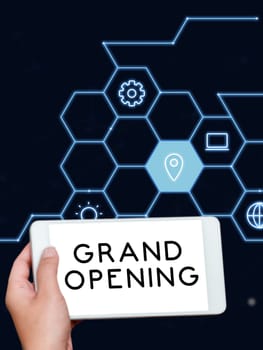 Handwriting text Grand Opening, Concept meaning Ribbon Cutting New Business First Official Day Launching
