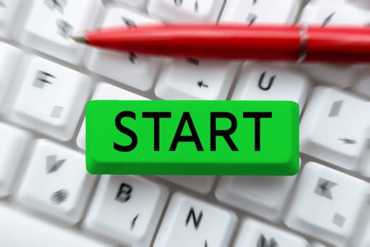 Writing displaying text Start, Business concept begin or be reckoned from particular point in time space Launch