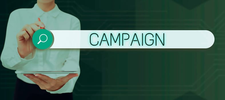 Text caption presenting Campaign, Business showcase organized course of action to promote and sell product service