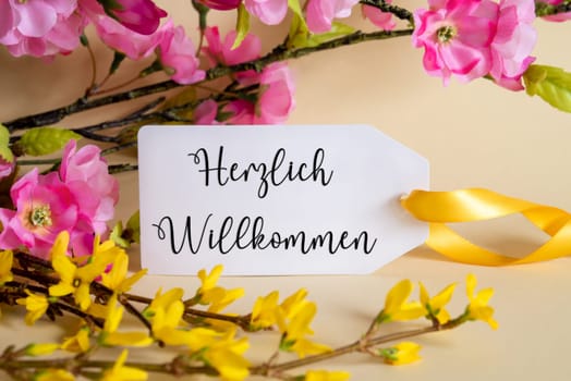 Spring Flower Arrangement With White Label With German Text Herzlich Willkommen Means Welcome. Colorful Flower Branch Decoration With Yellow And Purple Blossoms.