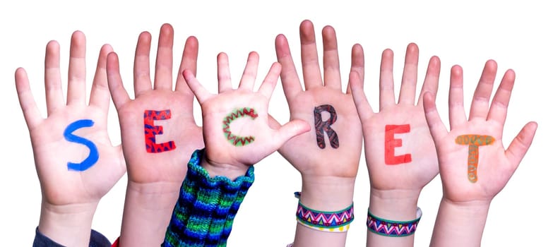 Children Hands Building Colorful English Word Secret. Isolated White Background.