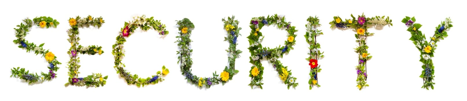 Blooming Flower Letters Building English Word Security. Summer And Spring Season Blossoms And Flower Lei.
