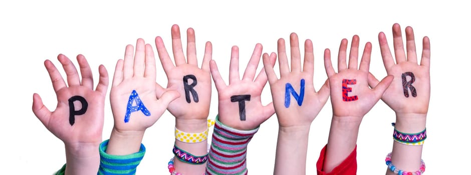 Children Hands Building Colorful English Word Partner. White Isolated Background