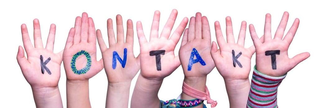 Children Hands Building Colorful German Word Kontakt Means Contact. Isolated White Background.
