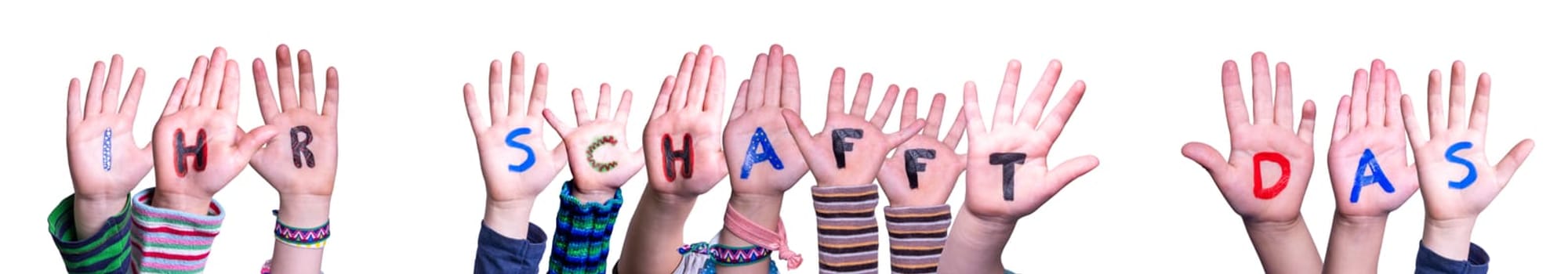 Children Hands Building Colorful German Word Ihr Schafft Das Means You Can Do It. Isolated White Background.