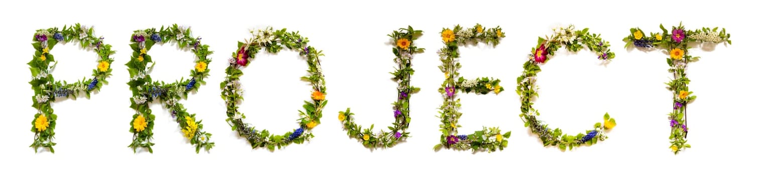 Blooming Flower Letters Building English Word Project. Colorful Spring and Summer Blossoms. White Isolated Background.