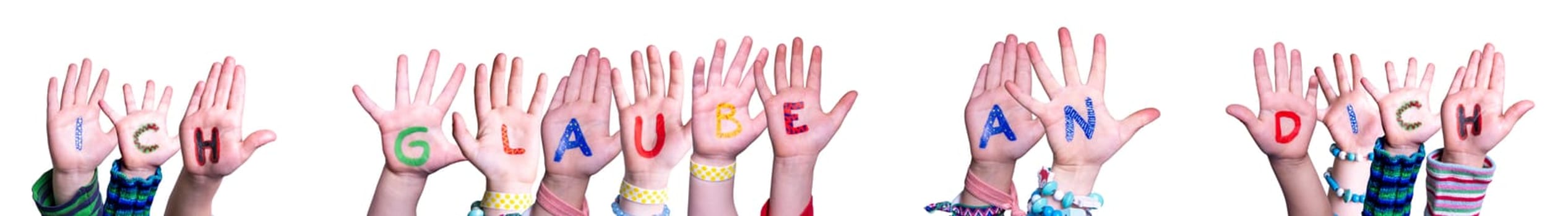 Children Hands Building Colorful German Word Ich Glaube An Dich Means I Believe In You. Isolated White Background.