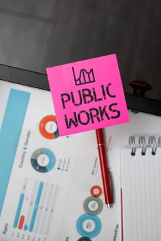 Sign displaying Public Works, Business approach Describes the viewing of an event in a public crowd