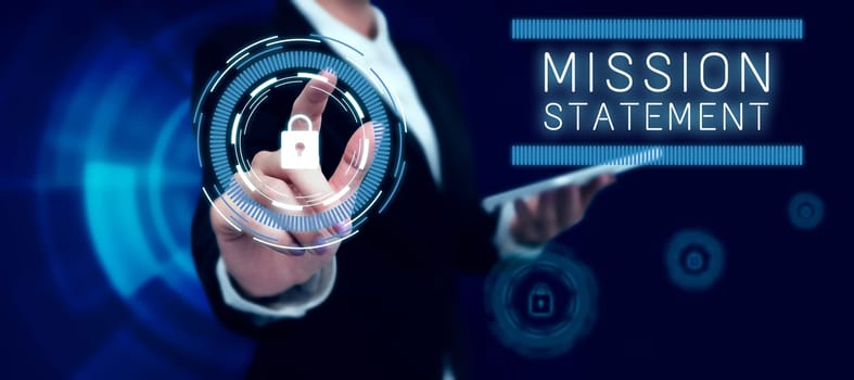 Conceptual display Mission Statement, Word for Formal summary of the aims and values of a company