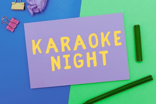 Text caption presenting Karaoke Night, Business concept Entertainment singing along instrumental music played by a machine