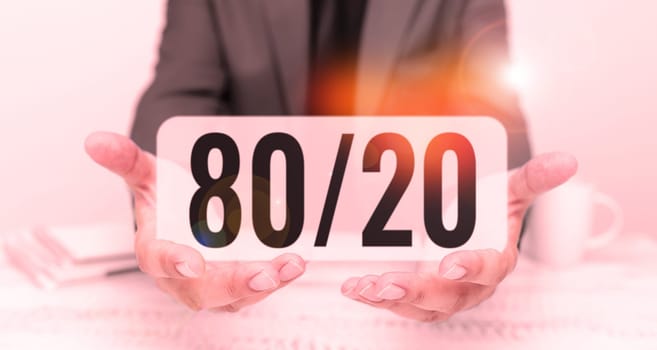 Text caption presenting 80 20 percent, Concept meaning Pareto principle of factor sparsity Statistical distribution of data