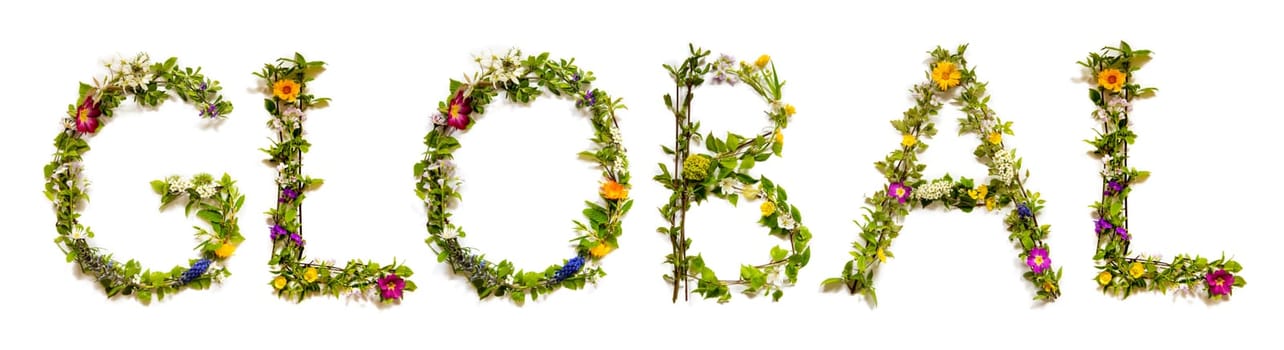 Blooming Flower Letters Building English Word Global. Summer And Spring Season Blossoms And Flower Lei.
