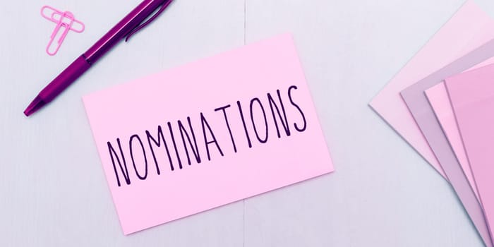 Sign displaying Nominations, Business overview the act of officially suggesting someone for a job or position