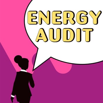 Text caption presenting Energy Audit, Conceptual photo assessment of the energy needs and efficiency of a building
