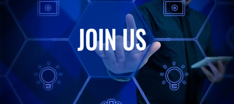 Writing displaying text Join Us, Business overview Register in community Team or blog Sign up at social media