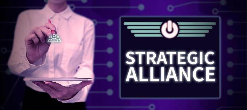 Conceptual display Strategic Alliance, Business approach a bond between states, parties, individuals on goal achievement