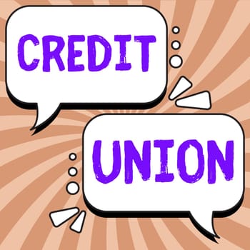 Text sign showing Credit Union, Word for cooperative association that makes small loans to members