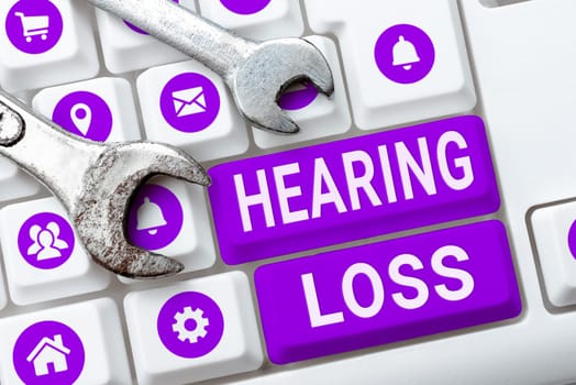 Text caption presenting Hearing Loss, Word for is partial or total inability to listen to sounds normally