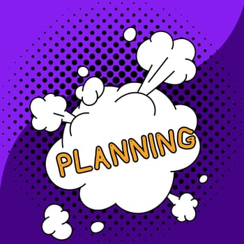 Hand writing sign Planning, Word for process of thinking about the activities required to achieve a goal
