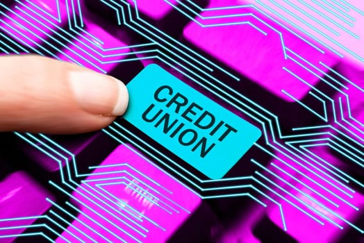 Conceptual display Credit Union, Business approach cooperative association that makes small loans to members