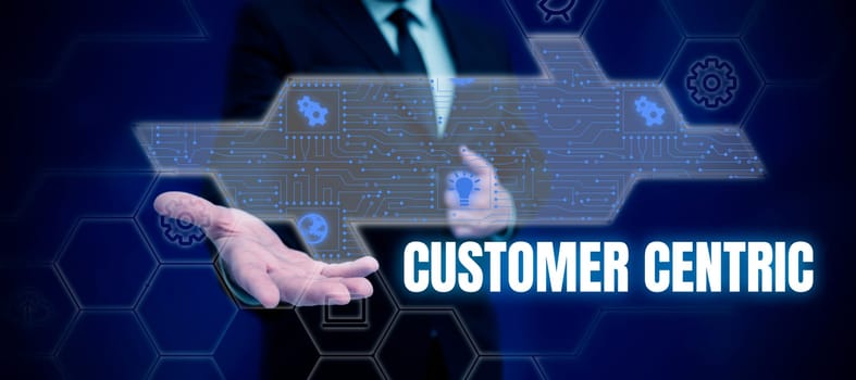 Text caption presenting Customer Centric, Business overview process of looking after customers to ensure their pleasure