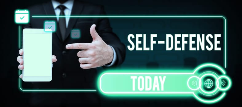 Handwriting text Self Defense, Internet Concept the act of defending one's person when physically attacked