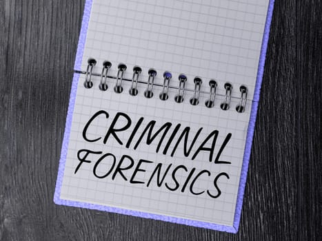 Text sign showing Criminal Forensics, Internet Concept Federal Offense actions Illegal Activities punishable by Law