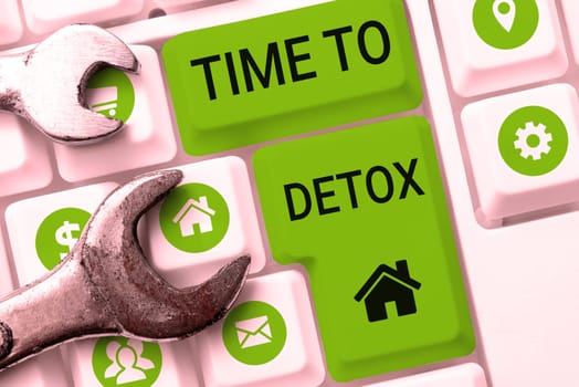 Conceptual caption Time To Detox, Word Written on Moment for Diet Nutrition health Addiction treatment cleanse