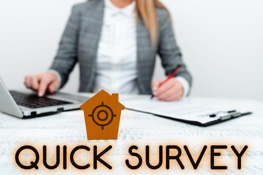 Hand writing sign Quick Survey, Business concept Conduct fast check on condition value situation of something