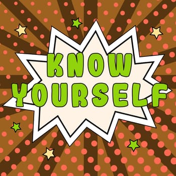 Sign displaying Know Yourself, Business approach Find You Understanding Strength and Weaknesses Identity