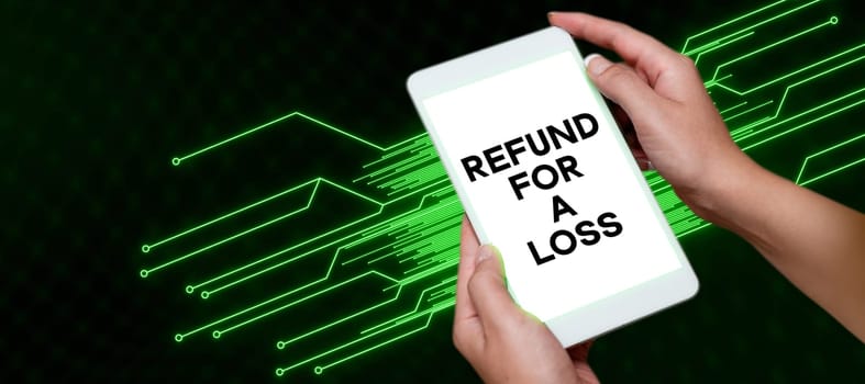 Conceptual display Refund For A Loss, Concept meaning pay back money typically to customer who is not satisfied with goods