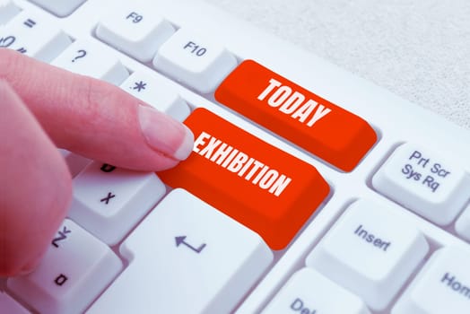 Text caption presenting Exhibition, Word for and act of exposing something to audience, showing