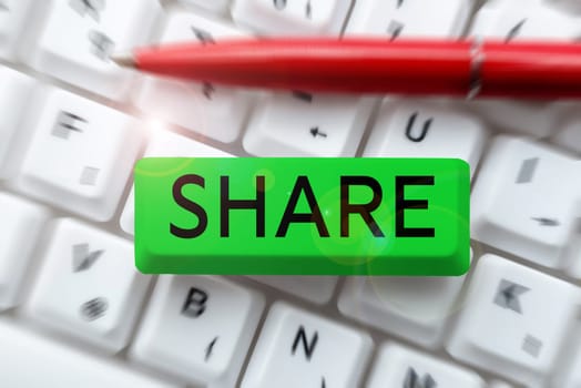Text showing inspiration Share, Word for part or portion larger amount which is divided among number of people