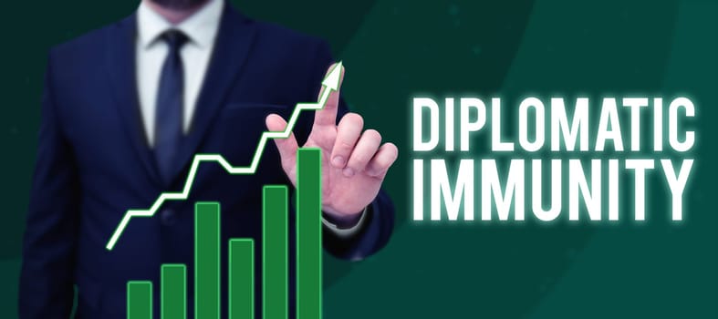Hand writing sign Diplomatic Immunity, Business concept law that gives foreign diplomats special rights in the country they are working