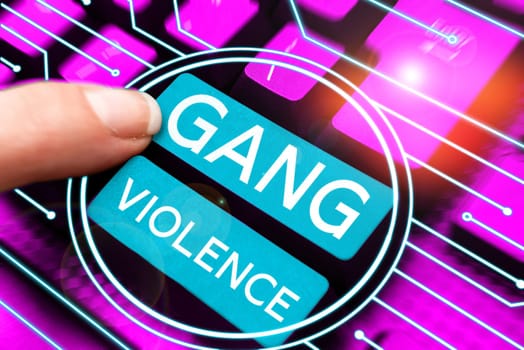 Text caption presenting Gang Violence, Business overview infringement of the laws caused by group of criminals and gangsters