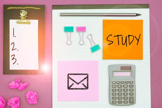 Text caption presenting Study, Internet Concept devotion of time and attention to gaining knowledge of an academic