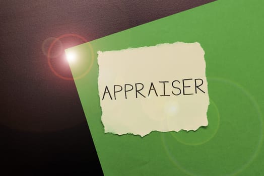 Text showing inspiration Appraiser, Concept meaning person that estimates the monetary value of goods, determines the worth of assess