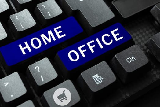 Text caption presenting Home Office, Conceptual photo space designated in a person's residence for official business