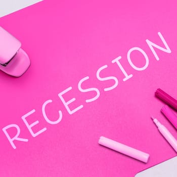 Text caption presenting Recession, Conceptual photo the process of progressive decrease in growing, period of reduction